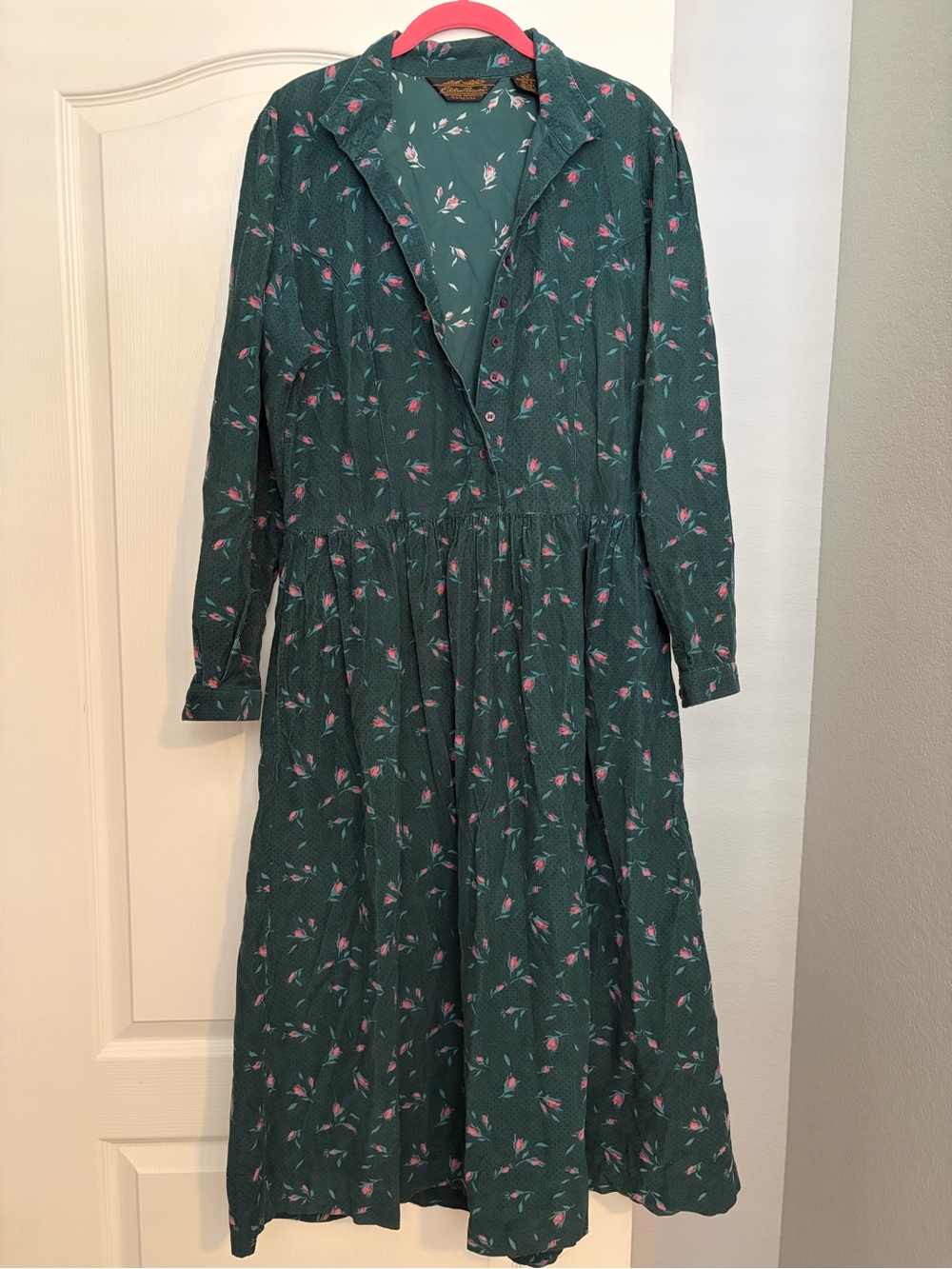 Eddie Bauer Floral Green Pink Long Sleeve Corduroy Midi Prairie Dress Size M